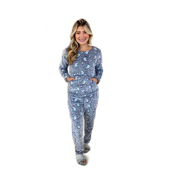 Pijama Fleece Vegano 100% Algodão Estampa de Lua