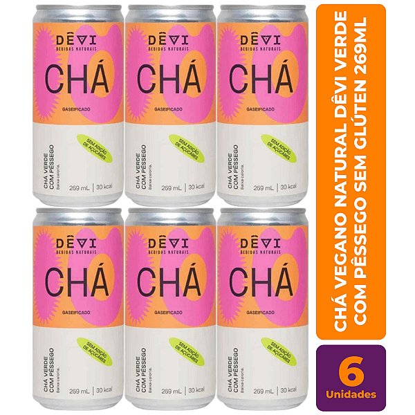 R$11,49 CADA UN - Pack com 6 Chás Vegano Natural DÊVI Verde com Pêssego Gaseificado 269ml