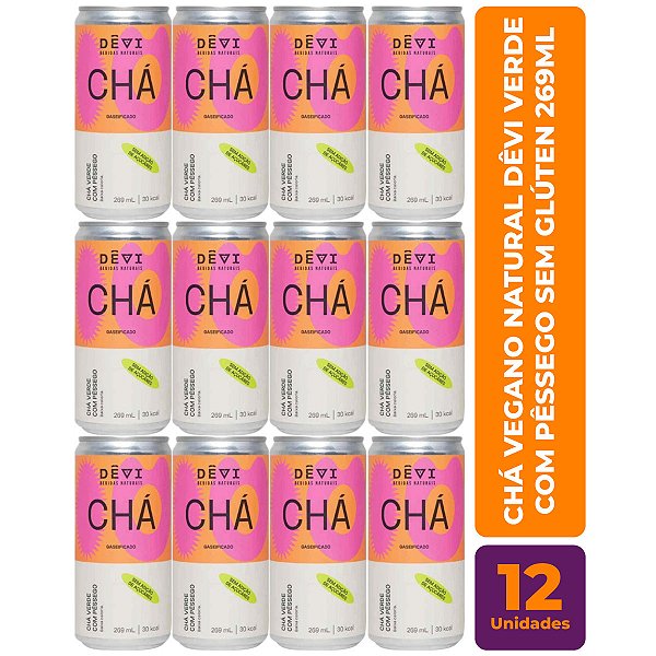 R$10,49 CADA UN - Pack com 12 Chás Vegano Natural DÊVI Verde com Pêssego Gaseificado 269ml