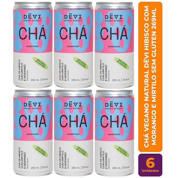R$11,49 CADA UN - Pack com 6 Chás Vegano Natural DÊVI Hibisco com Morango e Mirtilo Gaseificado 269ml