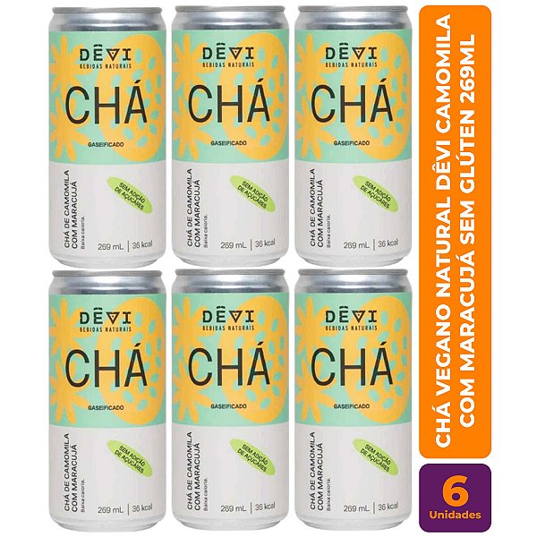 R$11,49 CADA UN - Pack com 6 Chás Vegano Natural DÊVI Camomila com Maracujá Gaseificado 269ml