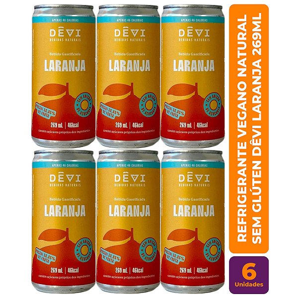 R$9,49 CADA UN - Pack com 6 Refrigerantes Vegano Natural DÊVI Laranja 269ml