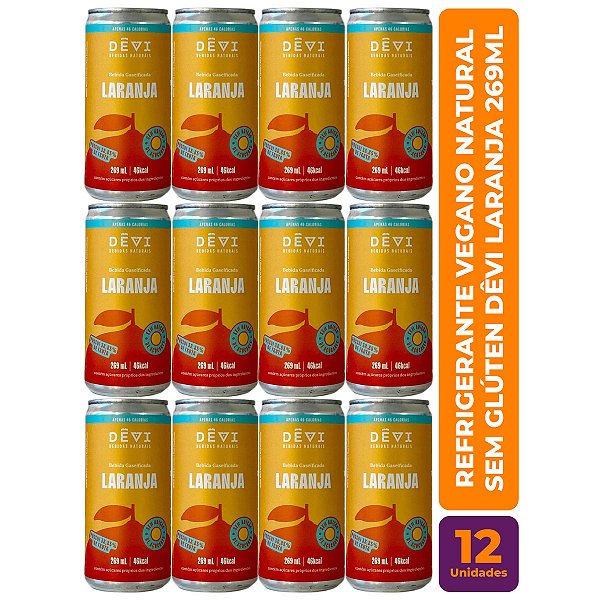 R$8,49 CADA UN - Pack com 12 Refrigerantes Vegano Natural DÊVI Laranja 269ml