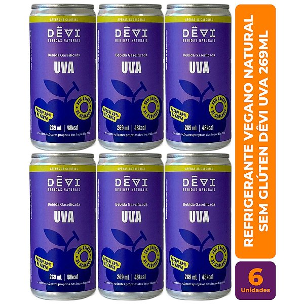 R$9,49 CADA UN - Pack com 6 Refrigerantes Vegano Natural DÊVI Uva 269ml