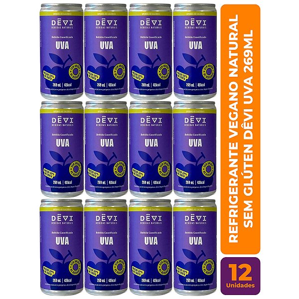 R$8,49 CADA UN - Pack com 12 Refrigerantes Vegano Natural DÊVI Uva 269ml