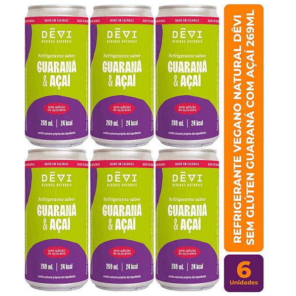 R$9,49 CADA UN - Pack com 6 Refrigerantes Vegano Natural DÊVI Guaraná com Açaí 269ml