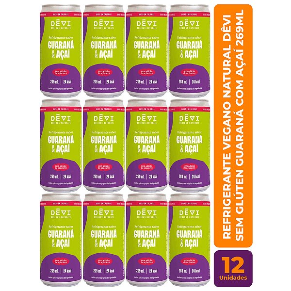 R$8,49 CADA UN - Pack com 12 Refrigerantes Vegano Natural DÊVI Guaraná com Açaí 269ml