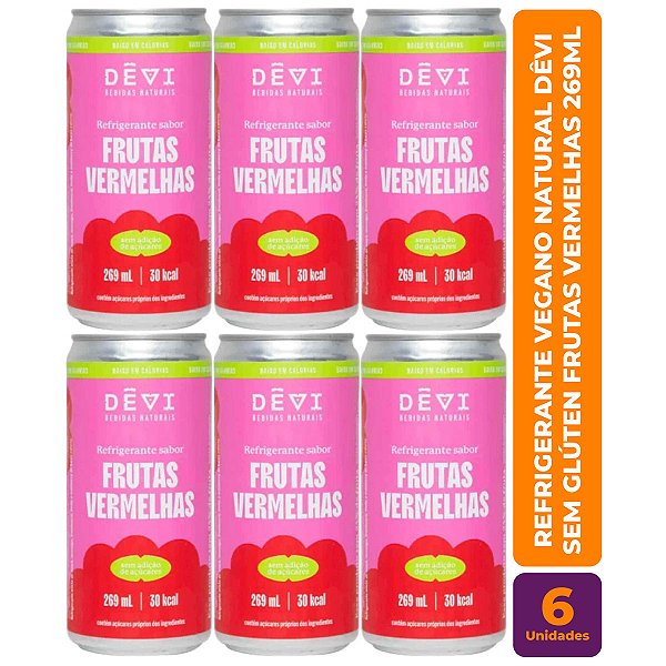 R$9,49 CADA UN - Pack com 6 Refrigerantes Vegano Natural DÊVI Frutas Vermelhas 269ml
