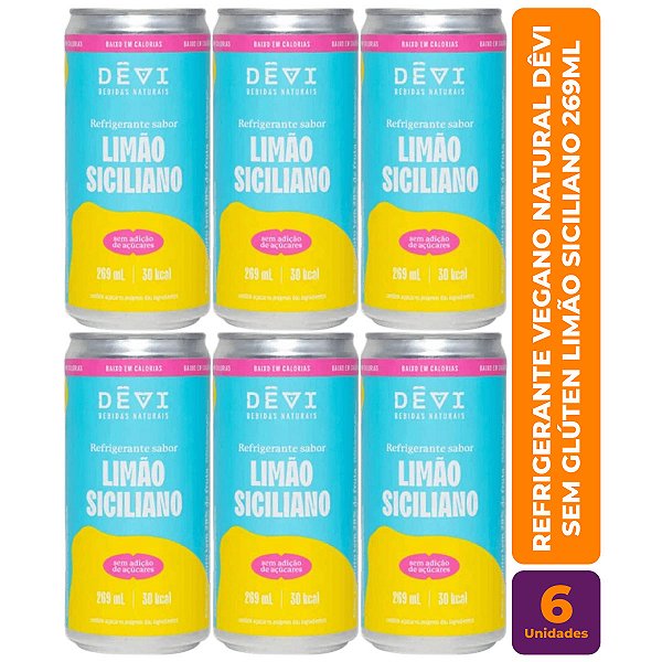 R$9,49 CADA UN - Pack com 6 Refrigerantes Vegano Natural DÊVI Limão Siciliano 269ml