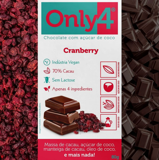 Chocolate Vegano Only4 70% Cacau com Cranberry 70g