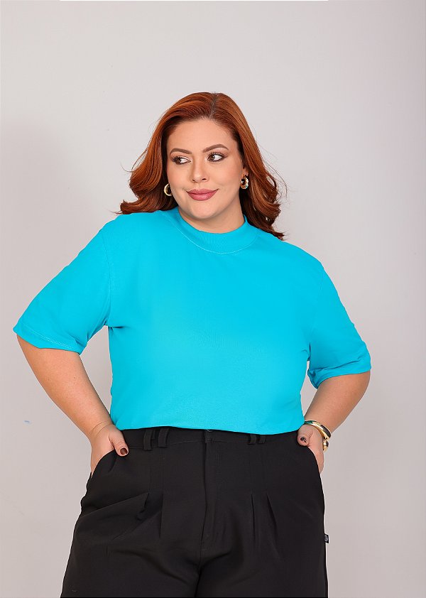BLUSA GOLA ALTA PLUS SIZE BÁSICA - AZUL TURQUESA