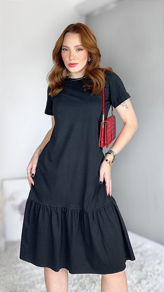 VESTIDO ALGODÃO BABADO LISO  - PRETO