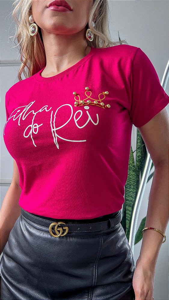 TSHIRT NO ALGODÃO GOLA NA RIBANA FILHA DO REI PÉROLA- ROSA PINK