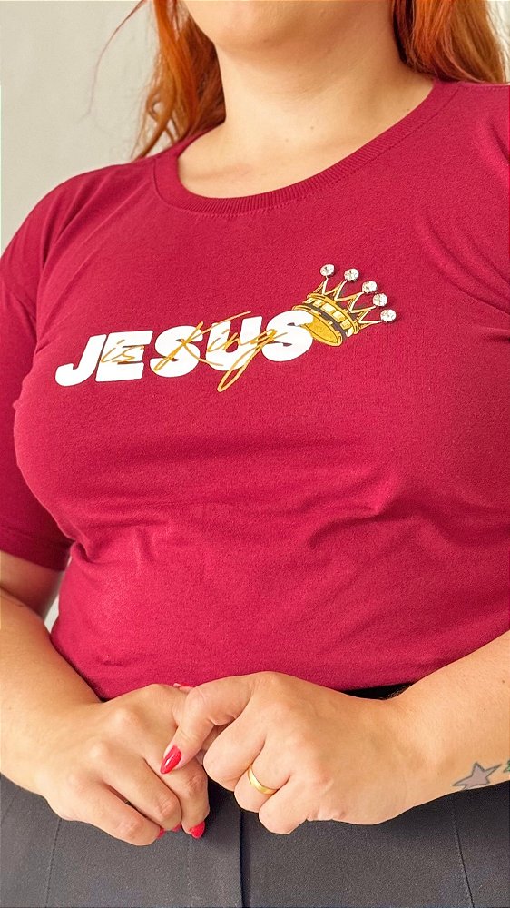 TSHIRT NO ALGODÃO PLUS SIZE JESUS COROA PONTO DE LUZ- MARSALA