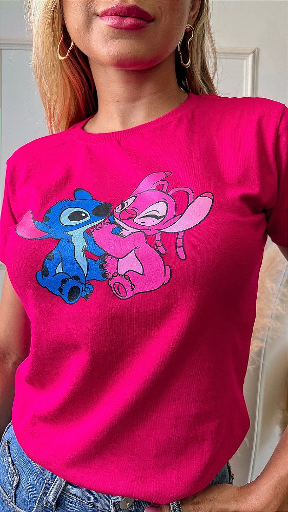 TSHIRT NO ALGODÃO GOLA NA RIBANA LILO & STITCH - ROSA PINK