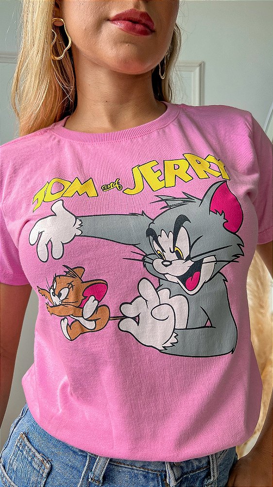 TSHIRT NO ALGODÃO GOLA NA RIBANA TOM & JERRY- ROSA IORGUTE