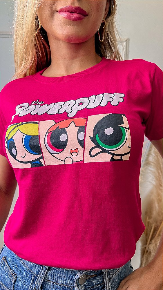 TSHIRT NO ALGODÃO GOLA NA RIBANA MENINAS SUPER PODEROSAS-ROSA PINK