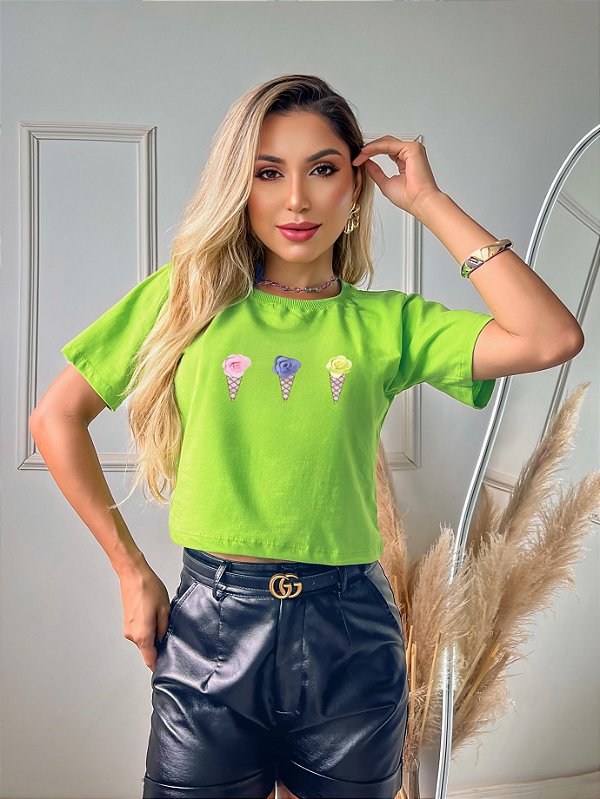 CROPPED ALGODÃO GOLA NA RIBANA SORVETES APLICAÇÃO EM CROCHÊ - VERDE LIMA
