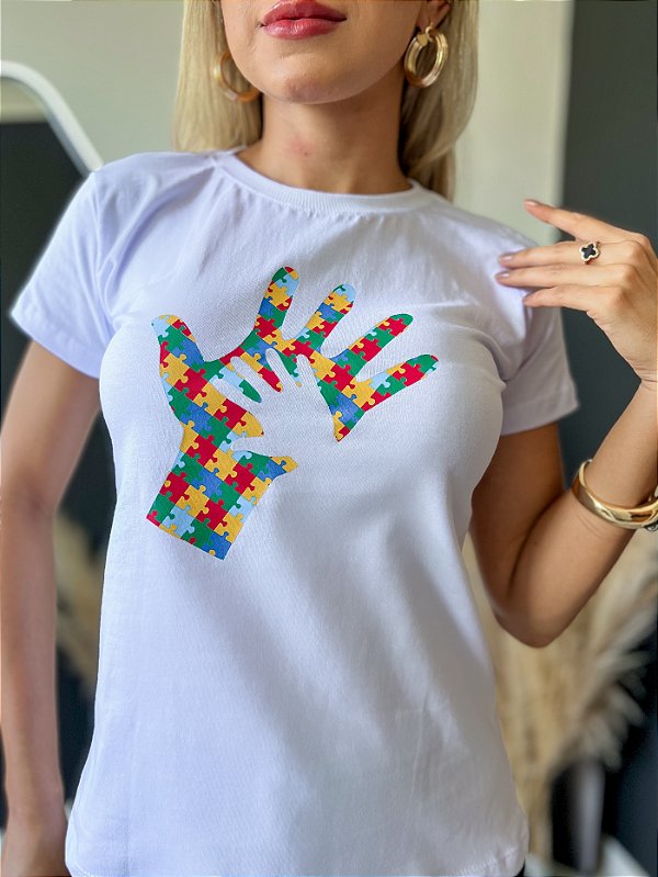 TSHIRT NO ALGODÃO GOLA NA RIBANA AUTISMO - BRANCA