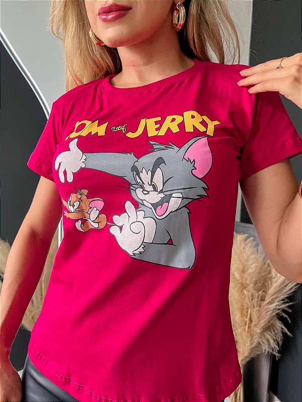 TSHIRT NO ALGODÃO GOLA NA RIBANA TOM E JERRY - ROSA PINK