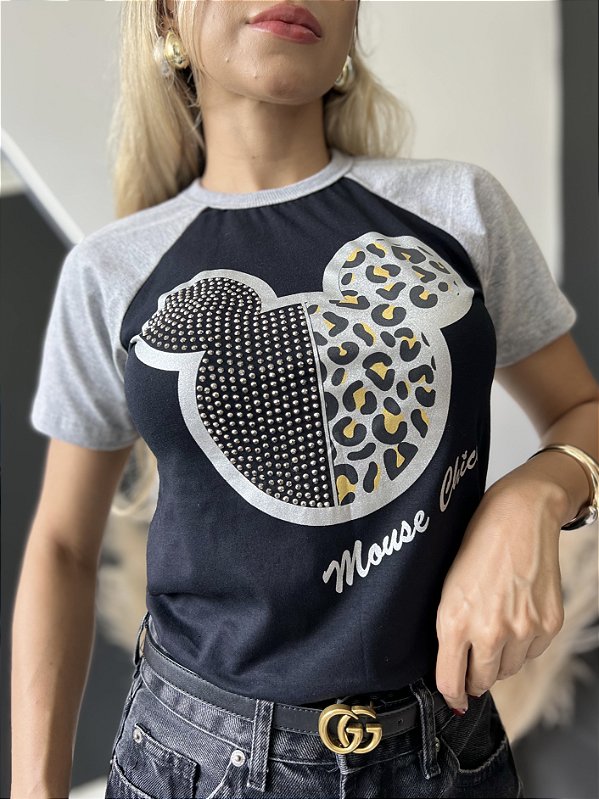 TSHIRT RAGLAN MK CABEÇA PEDRARIA- PRETO C/ CINZA