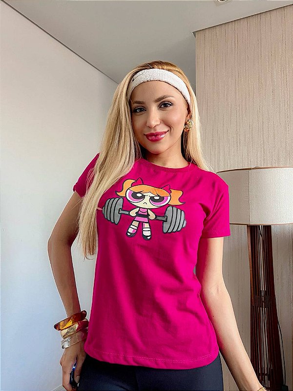 TSHIRT NO ALGODÃO GOLA NA RIBANA FLORZINHA FITNESS-ROSA PINK