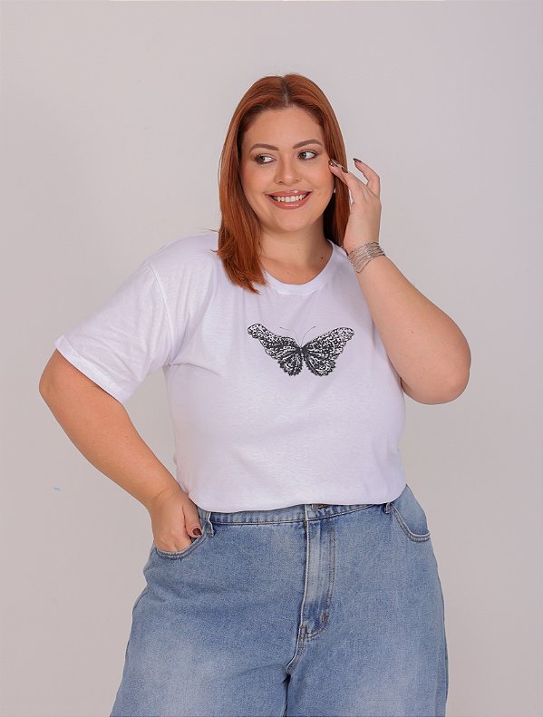 TSHIRT NO ALGODÃO PLUS SIZE BORBOLETA PEDRARIA - BRANCO