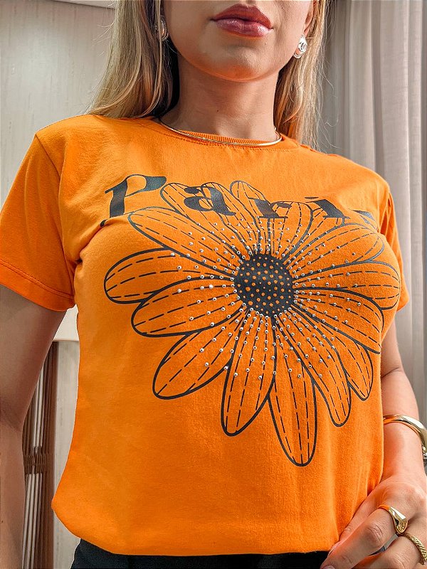 TSHIRT NO ALGODÃO GOLA NA RIBANA PARIS PEDRARIA-LARANJA