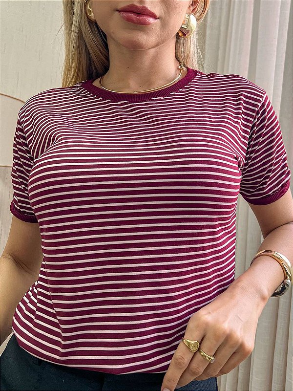 TSHIRT NO ALGODÃO GOLA NA RIBANA LISTRADA -MARSALA