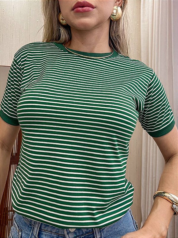 TSHIRT NO ALGODÃO GOLA NA RIBANA LISTRADA - VERDE