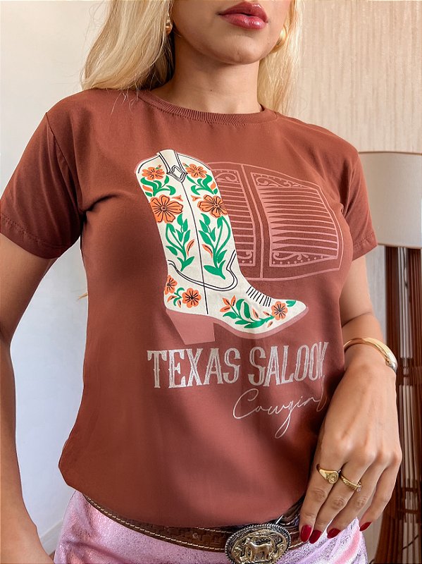 TSHIRT NO ALGODÃO GOLA NA RIBANA BOTA FLORES-CHOCOLATE