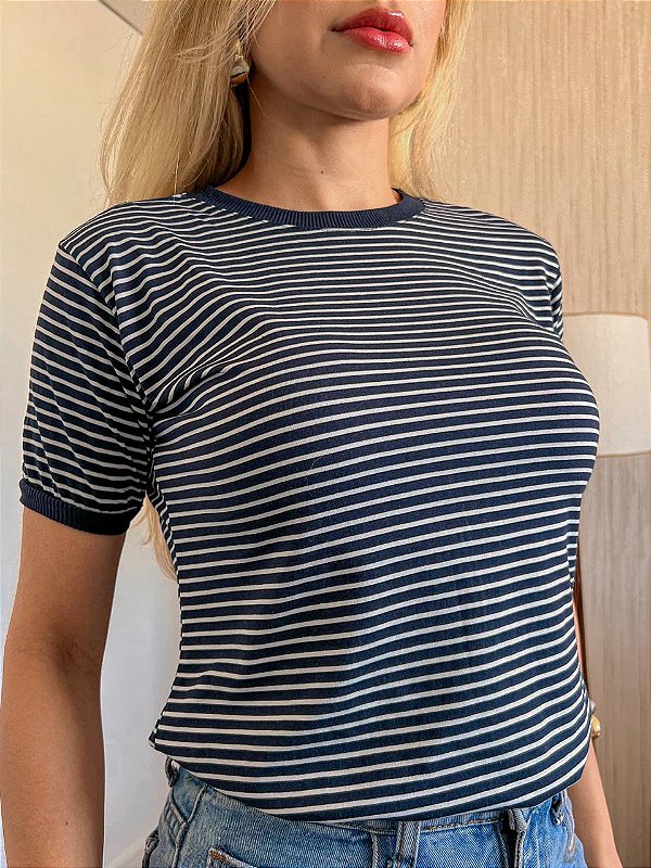 TSHIRT NO ALGODÃO GOLA NA RIBANA LISTRADA - AZUL MARINHO