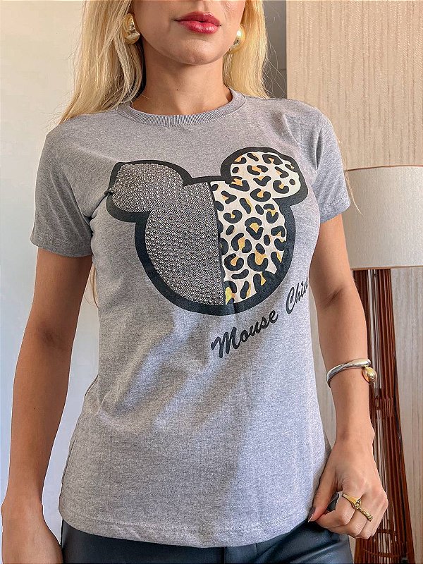 TSHIRT NO ALGODÃO GOLA NA RIBANA CABEÇA MK ONÇA PEDRARIA- CINZA