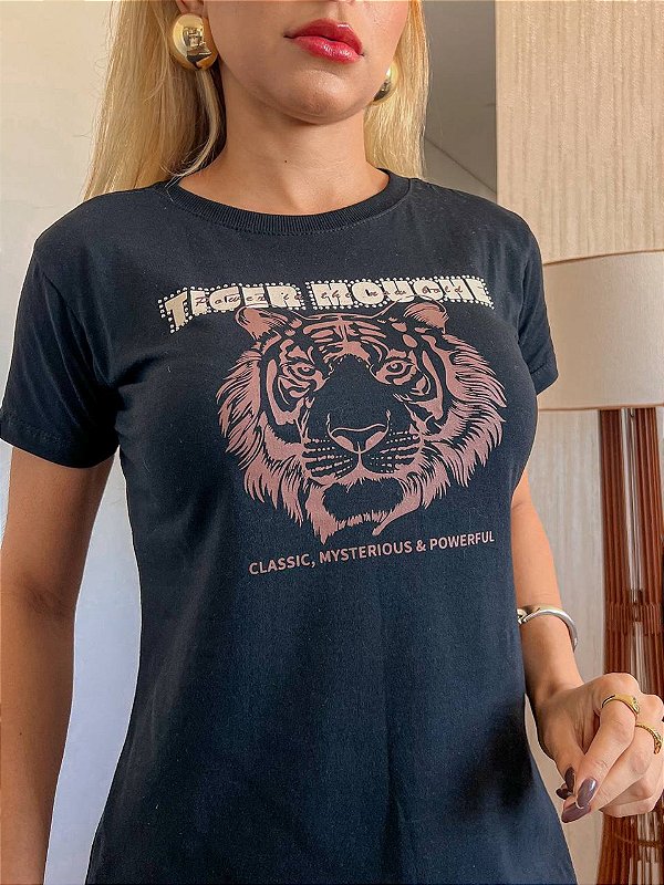 TSHIRT NO ALGODÃO GOLA NA RIBANA TIGER PEDRARIA- PRETO