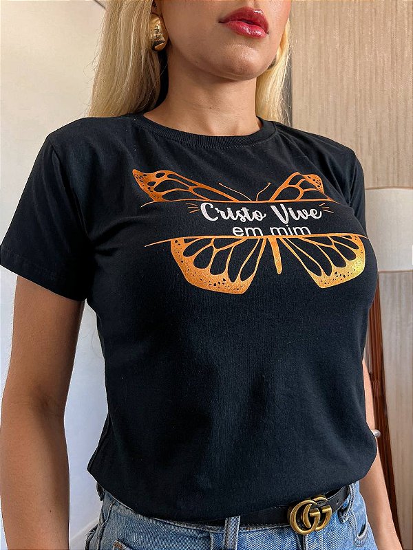 TSHIRT NO ALGODÃO GOLA NA RIBANA CRISTO VIVE EM MIM - PRETA