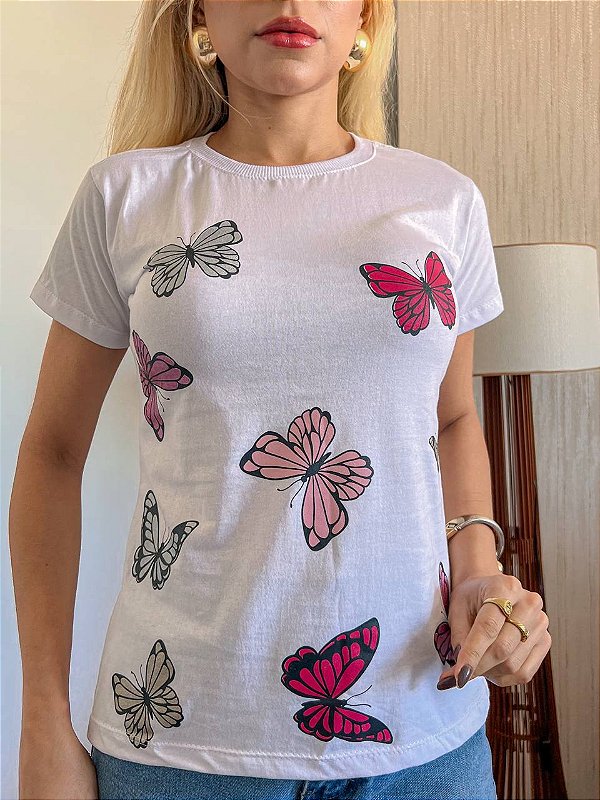 TSHIRT NO ALGODÃO GOLA NA RIBANA BORBOLETAS COLORS-BRANCA