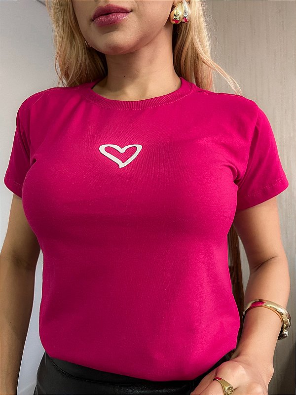 TSHIRT NO ALGODÃO GOLA NA RIBANA CORAÇÃO ALTO RELEVO-ROSA PINK