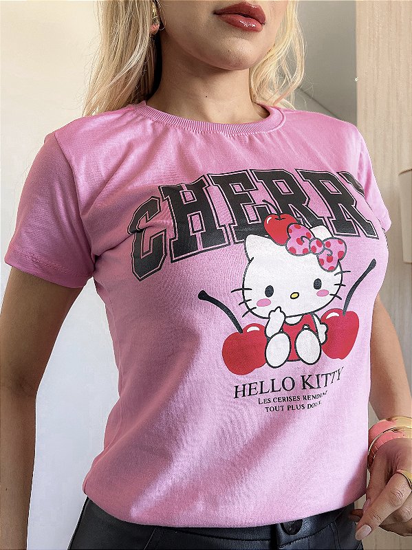 TSHIRT NO ALGODÃO GOLA NA RIBANA HELLO KITTY CHERRY -ROSA IORGUT