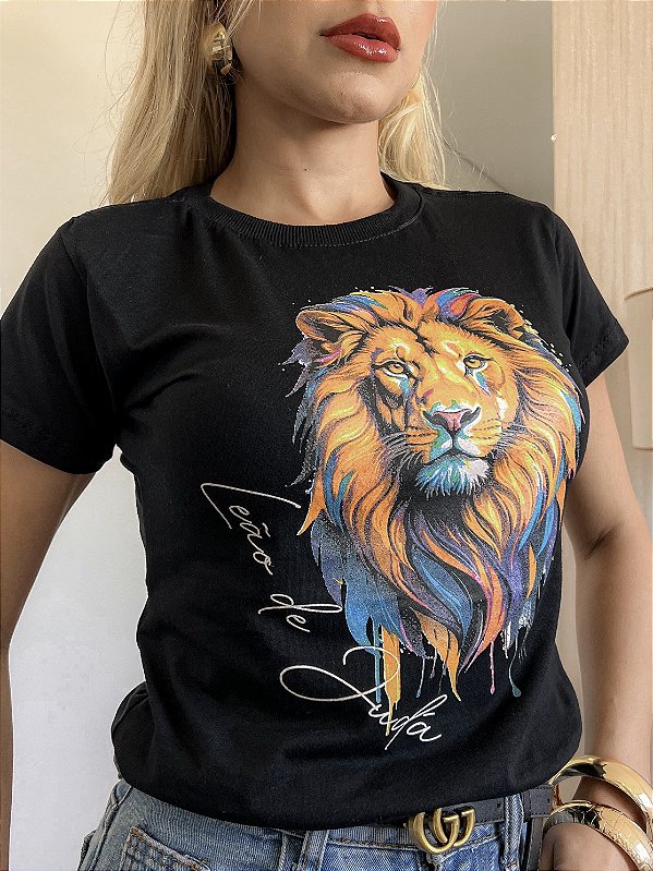 TSHIRT NO ALGODÃO GOLA NA RIBANA LEÃO DE JUDÁ- PRETO