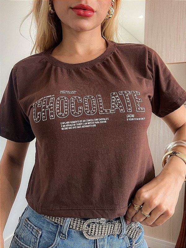 CROPPED ALGODÃO GOLA NA RIBANA CHOCOLATE PEDRARIAS- MARROM
