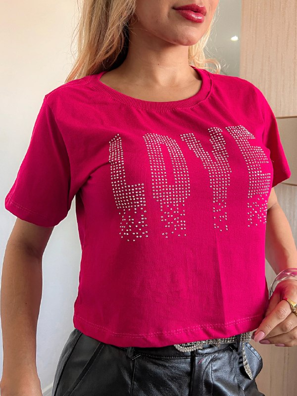 CROPPED ALGODÃO GOLA NA RIBANA LOVE PEDRARIA-ROSA PINK