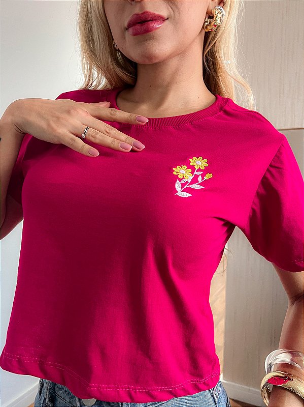 CROPPED ALGODÃO BORDADO GOLA NA RIBANA GIRASSOL - ROSA PINK