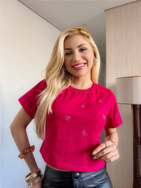 CROPPED ALGODÃO BORDADO MINIMALISTA GOLA NA RIBANA LAÇOS-ROSA PINK