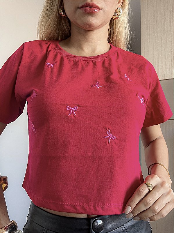 CROPPED ALGODÃO BORDADO MINIMALISTA GOLA NA RIBANA LAÇOS-ROSA PINK