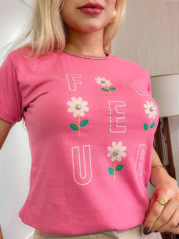 TSHIRT NO ALGODÃO GOLA NA RIBANA FLEUR PONTO DE LUZ- SALMÃO