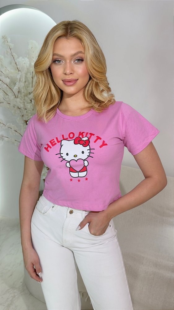 CROPPED ALGODÃO GOLA NA RIBANA HELLO KITTY CORAÇÃO-ROSA IORGUTE