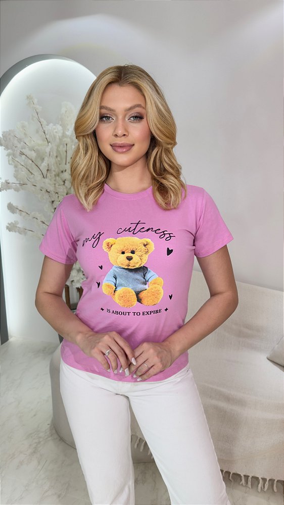 TSHIRT NO ALGODÃO GOLA NA RIBANA URSINHO TED -ROSA IORGUTE