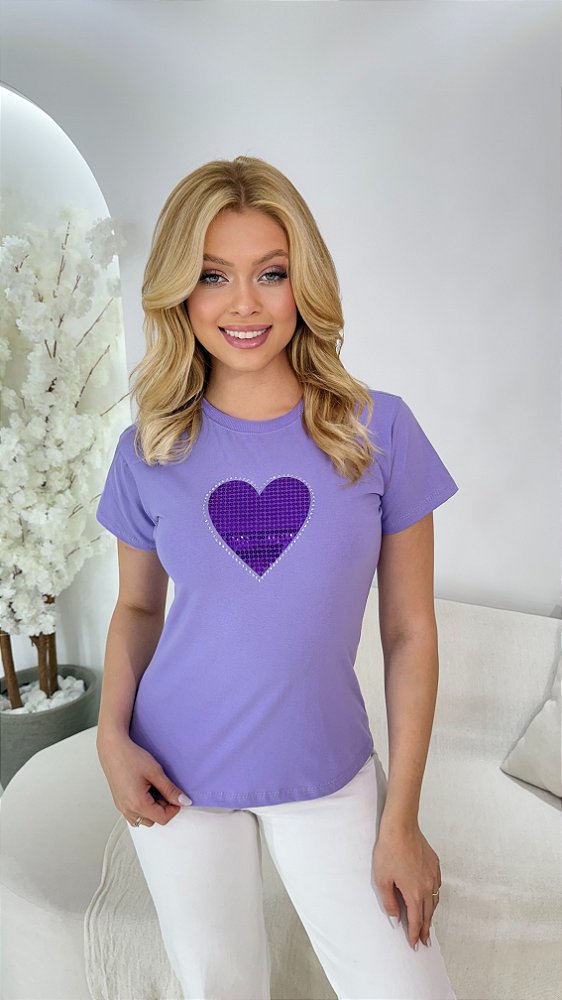 TSHIRT NO ALGODÃO GOLA NA RIBANA CORAÇÃO LANTEJOULAS-LÍLAS
