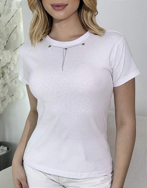 TSHIRT FEMININA LUXO CORRENTES PRATA - BRANCA