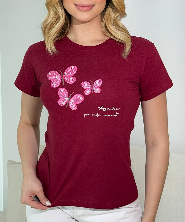TSHIRT NO ALGODÃO GOLA NA RIBANA AGRADECER POR CADA MOMENTO PÉROLA-MARSALA